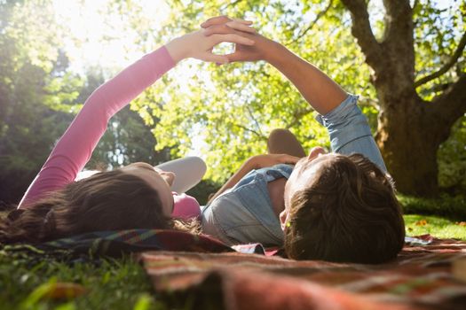 Romantic couple lying on picnic blanket in park on a sunny day