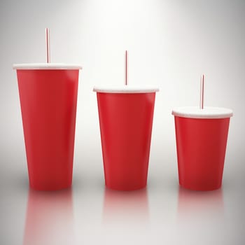 Red cups over white background against grey background