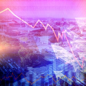 Stocks and shares against high angle view of city street