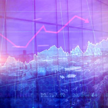 Stocks and shares against cityscape reflecting on building