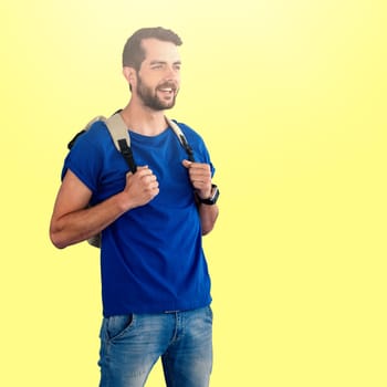 Man with backpack against white background against yellow background