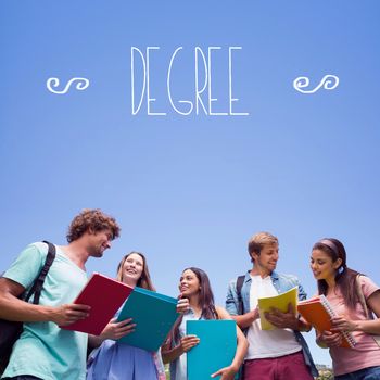 The word degree against students standing and chatting together 