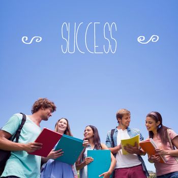 The word success against students standing and chatting together 