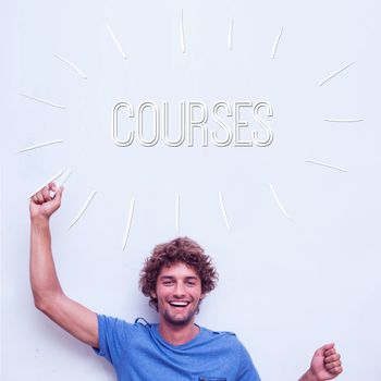 The word courses against happy student holding chalk