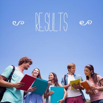 The word results against students standing and chatting together 