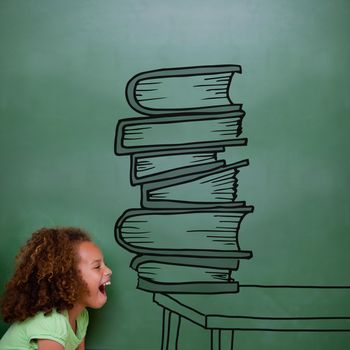 Stack of books doodle against cute pupil shouting