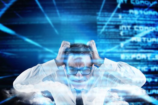 Stressed businessman touching his head against abstract blue text