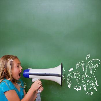 Idea and innovation graphic against cute pupil shouting through megaphone