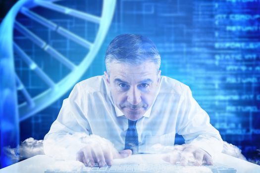 Mature businessman typing on keyboard against blue dna helix with texture