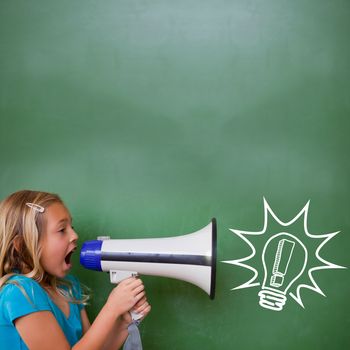 Idea and innovation graphic against cute pupil shouting through megaphone