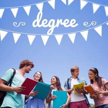 The word degree and bunting against students standing and chatting together 