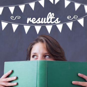 The word results and bunting against student holding book