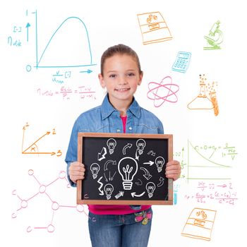 Idea and innovation graphic against cute pupil showing chalkboard