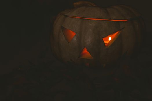 Close up of white jack o lantern glowing in darkroom during Halloween