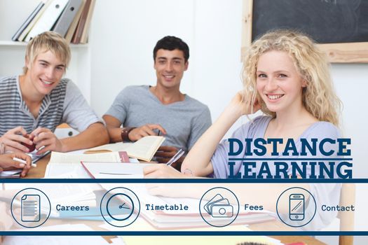 Digital composite of Education and distance learning text and icons and people sitting