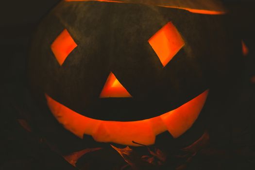 Close up of illuminated jack o lantern in darkroom during Halloween