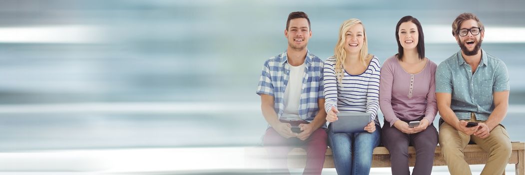 Digital composite of Happy people holding phones against blue background