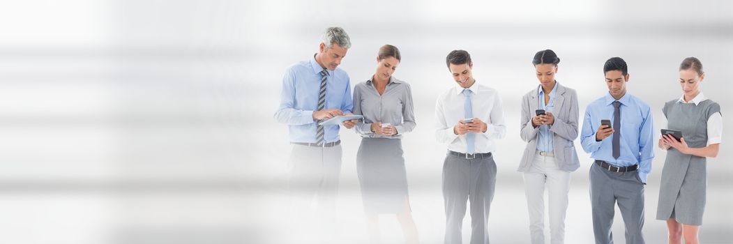 Digital composite of Business people using phones and tablets against white background