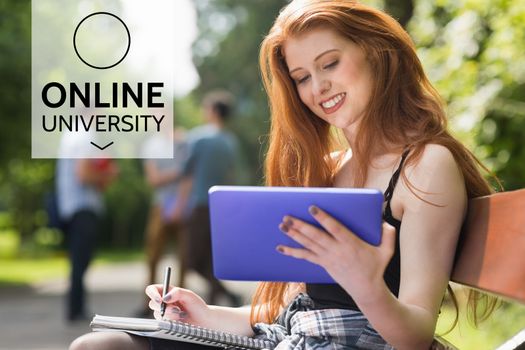 Digital composite of Education and online university text and woman looking at a tablet