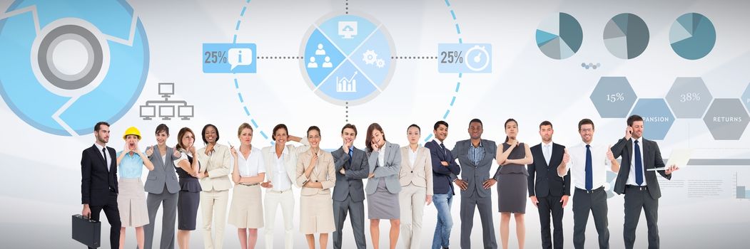 Digital composite of Group of business people standing in front of statistics performance charts background