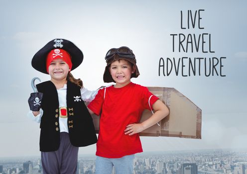Digital composite of Live travel adventure text with Kids in pirate and pilot costumes over city