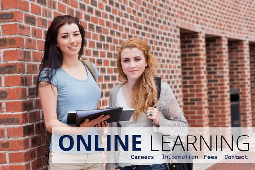 Digital composite of Education  and online learning text and women standing