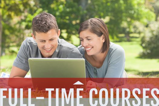 Digital composite of Education  and full-time courses text and people sitting at a class