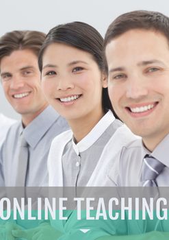 Digital composite of Education and online teaching text and people smiling