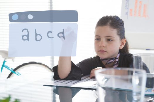 Digital composite of Education icon against office kid girl writing background