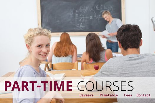 Digital composite of Education and part-time courses text and people sitting at a class