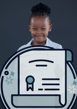 Digital composite of Education icons against happy office kid girl background