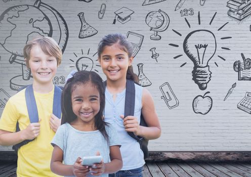 Digital composite of Kids in front of blank wall with education graphics