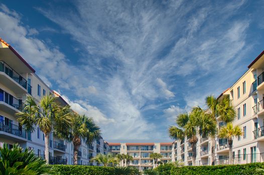 A courtyard in a tropical condominium complex