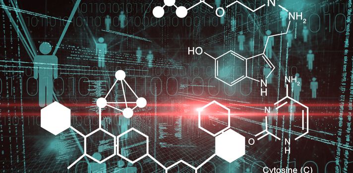 Digitally generated image of chemical structure against binary codes and people icons