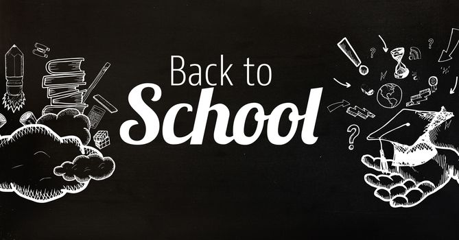 Digital composite of Back to school text with education graphics on blackboard