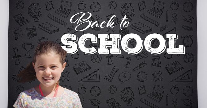 Digital composite of Girl and Back to school text with education graphics on blackboard
