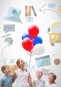 Digital composite of Kids holding balloons with education graphics