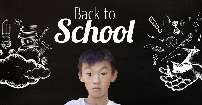 Digital composite of Boy and Back to school text with education graphics on blackboard