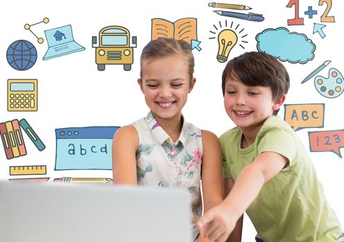 Digital composite of Boy and girl on computer in front of education school graphics