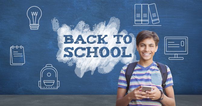 Digital composite of Student and Back to school with education icons on blackboard