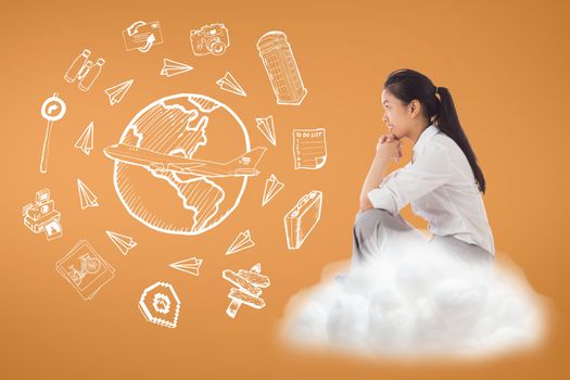 Digital composite of Business woman sitting on a cloud with travel icons against orange background