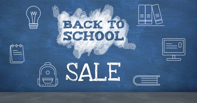 Digital composite of Back to school sale with education icons on blackboard