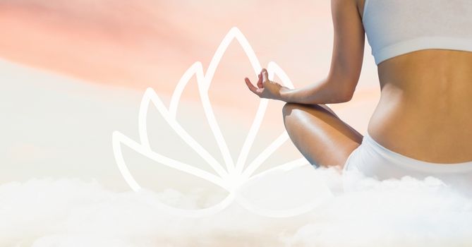 Digital composite of Woman sitting on a cloud against yoga icon