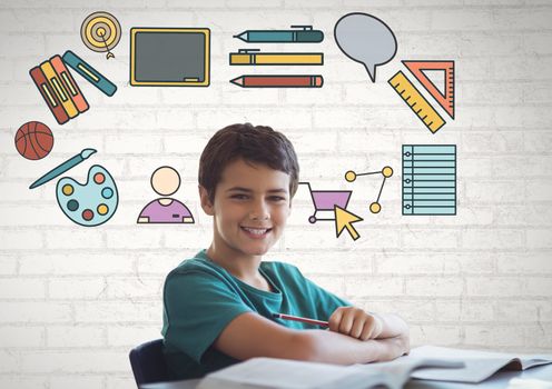 Digital composite of Boy in front of education graphics