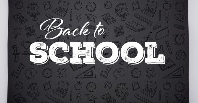 Digital composite of Back to school text with education graphics on blackboard