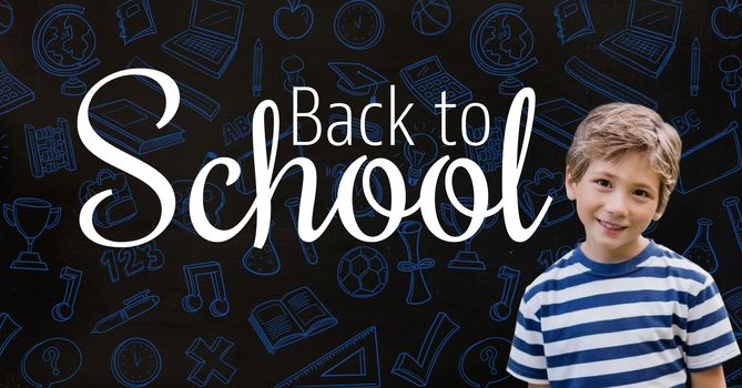 Digital composite of Boy and Back to school text with education graphics on blackboard