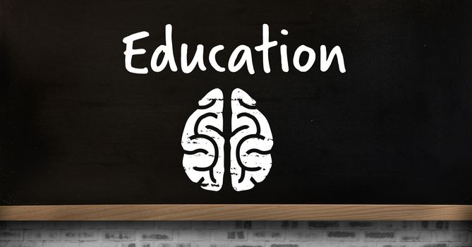 Digital composite of Education text and brain icon on blackboard