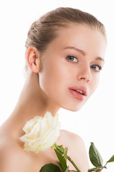 Portrait of attractive caucasian woman holding white isolated on white studio shot purity natural skincare concept