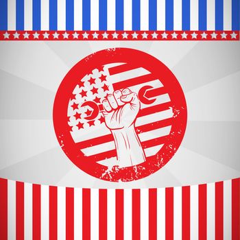 Cropped hand holding tool and american flag on red poster against digitally generated background