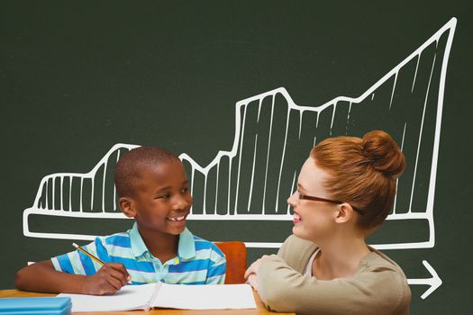 Digital composite of Student boy and teacher at table against green blackboard with school and education graphic